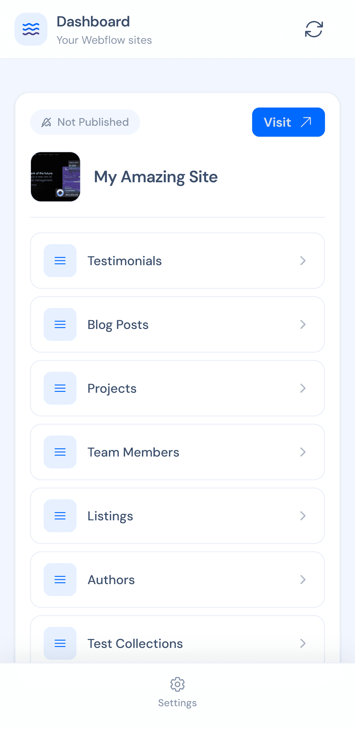 MobileFlow dashboard with Webflow sites and collections
